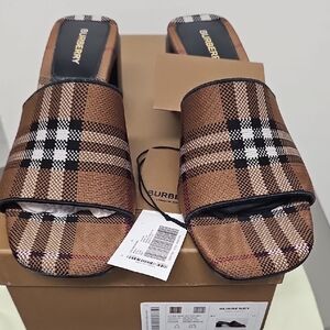 Burberry Brown Plaid Slide Sandals with Black and White Accents